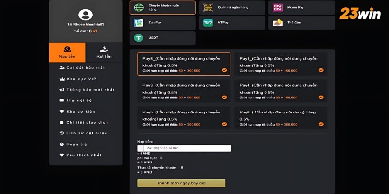 Hướng dẫn người chơi chi tiết cách nạp tiền 23win